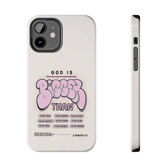 Tough Phone Case — "God Is Bigger Than" Pink Bubble Typography Christian Phone Cover