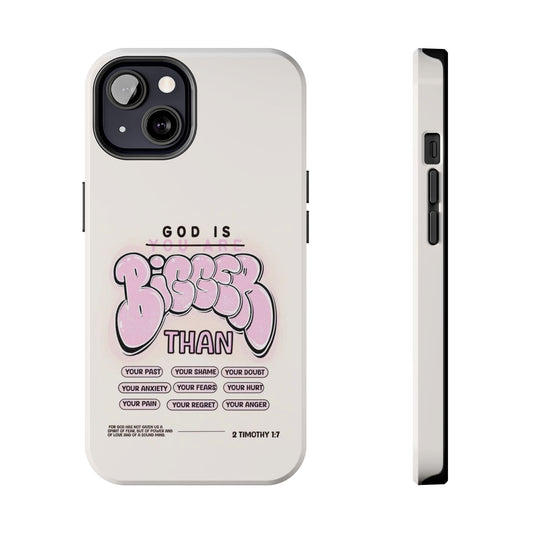 Tough Phone Case — "God Is Bigger Than" Pink Bubble Typography Christian Phone Cover